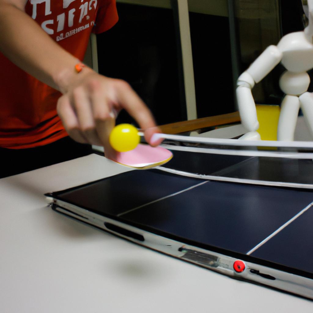 Person playing table tennis with robot